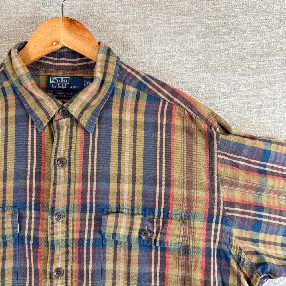 VTG 90s Polo Ralph Lauren Whitfield Mens XL Multi Plaid Shirt Double Pockets EUC